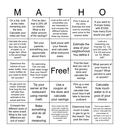 Mathnasium Bingo (up to Rising 7th grade) Bingo Card