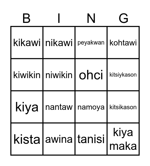Cree Dialogue Bingo Card