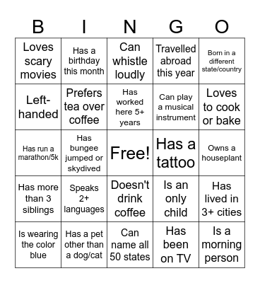 Fun Facts Bingo Card