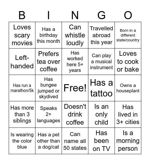Fun Facts Bingo Card
