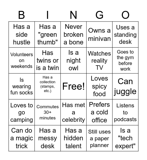 Fun Facts Bingo Card