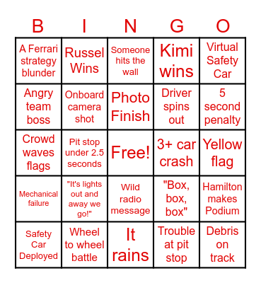 Miami Grand Prix Bingo Card