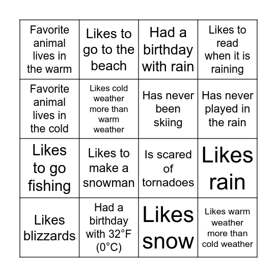 Weather Bingo Card