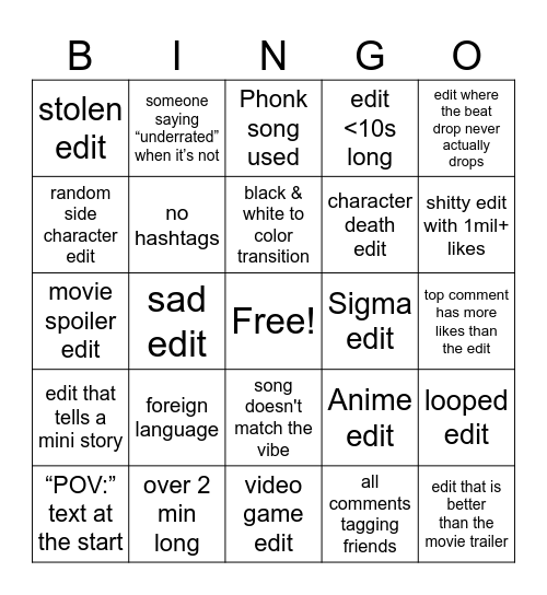 TikTok Edits Bingo Card