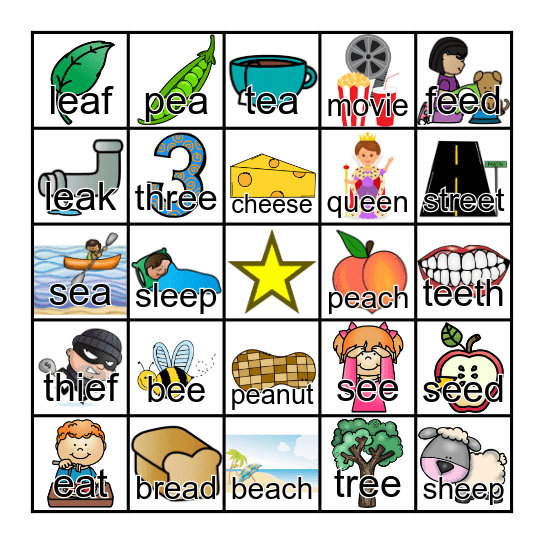 Long E Vowel Teams Bingo Card
