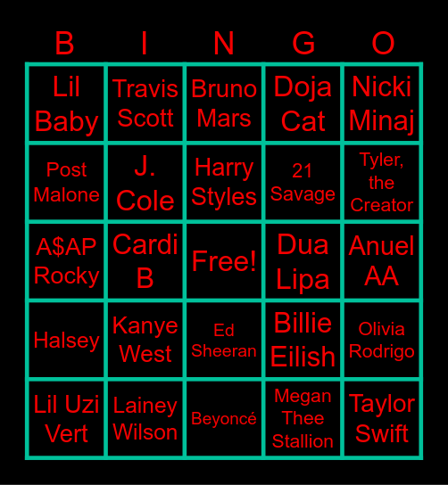 Music Artist Bingo Card