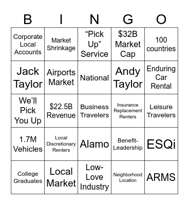 Enterprise Rent-A-Car Bingo Card