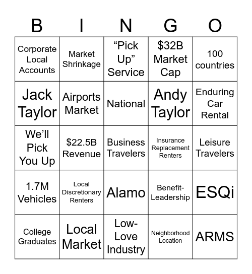 Enterprise Rent-A-Car Bingo Card