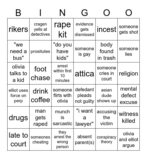 SVU Expanded Bingo Card