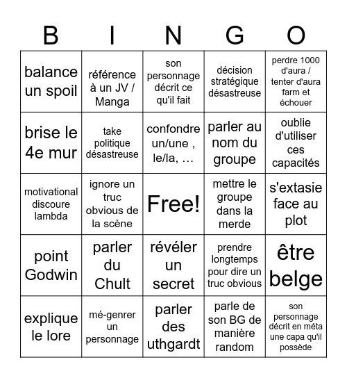 Kage Bingo Card