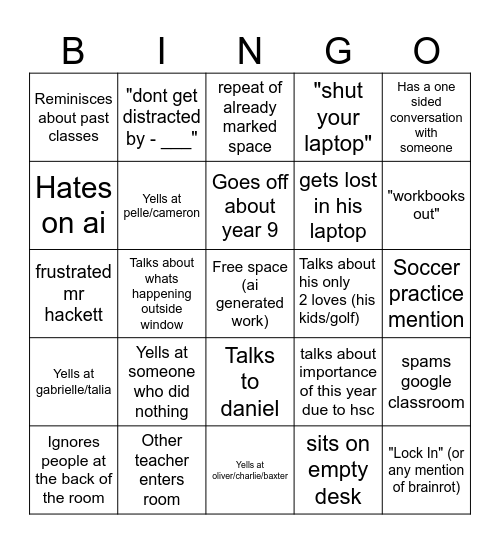Mr Hackett Bingo Card