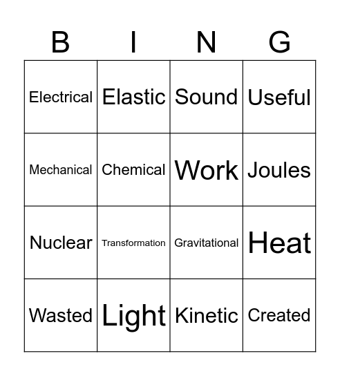 Energy Vocabulary Bingo Card