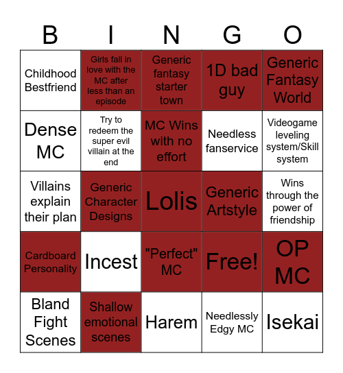 Generic Anime Bingo Card