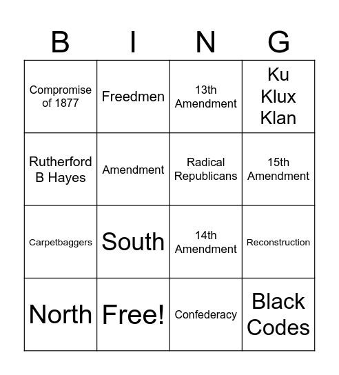 Reconstruction Bingo Card