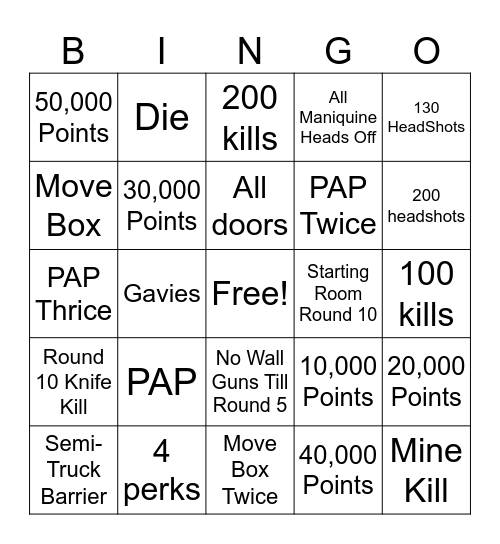 Bo2 Zombies NukeTown Bingo Card