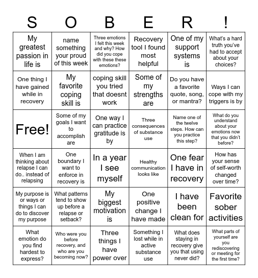 Recovery Bingo Card