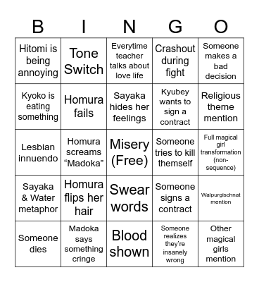 Madoka Magica Drinking Game Bingo Card