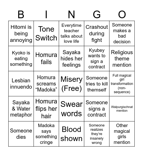 Madoka Magica Drinking Game Bingo Card