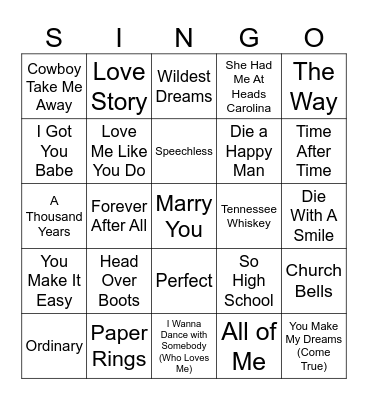 Bridal Shower SINGO! Bingo Card
