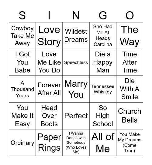 Bridal Shower SINGO! Bingo Card