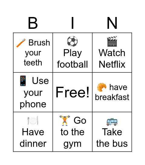 Daily activities Bingo Card