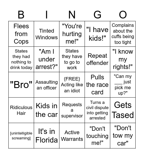 Police Bodycam Bingo Card
