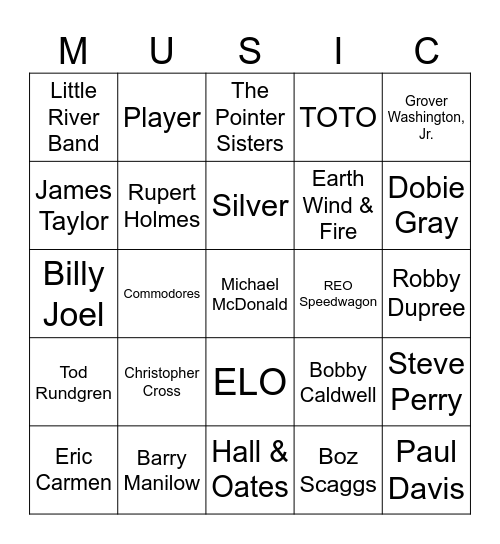 Music Bingo #208 (Yacht Rock) Bingo Card