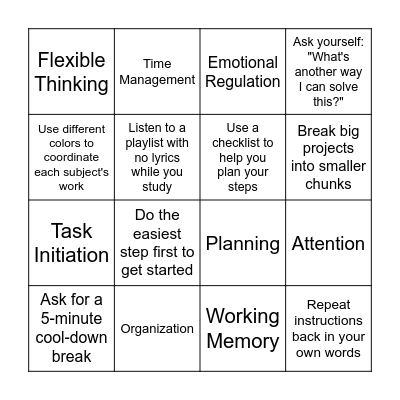 Executive Functioning Bingo Card
