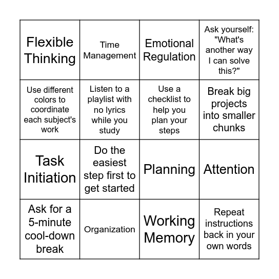 Executive Functioning Bingo Card