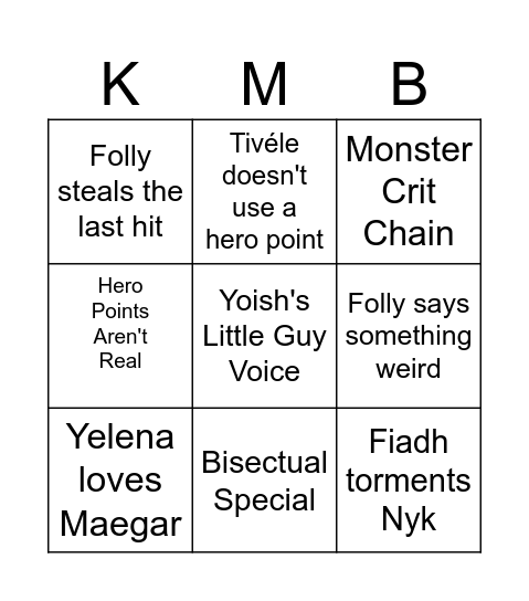 Kingmaker Bingo Card