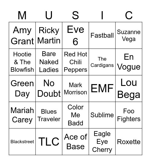 Music Bingo #209 (90's) Bingo Card