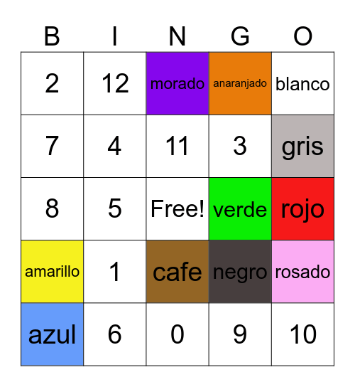 Numeros y colores Bingo Card