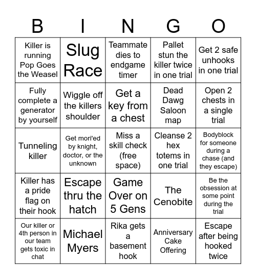 DBD Bingo Card