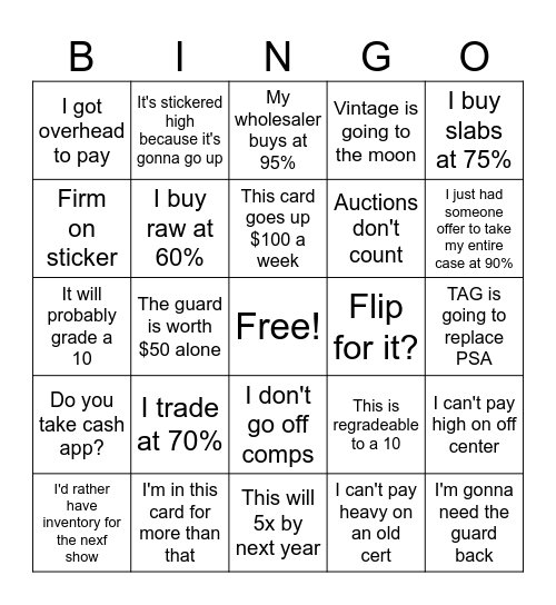 Card Show Vendor Bingo Card