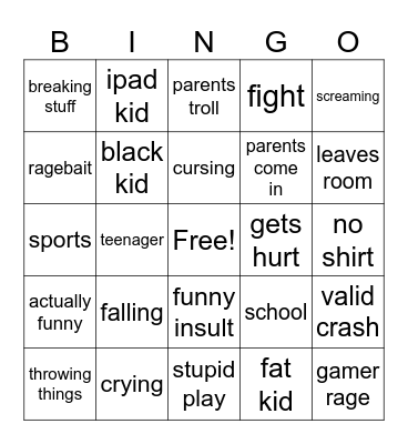 kids crashing out bingo Card