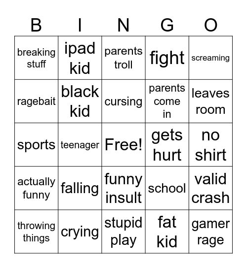kids crashing out bingo Card