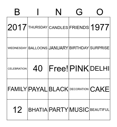 Payal's 40th Birthday Party Bingo Card