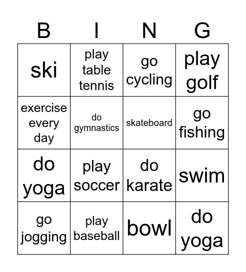 Sports & Exercises Bingo Card