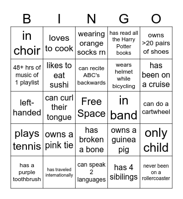 Speed Friending Bingo Card