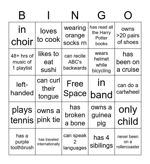 Speed Friending Bingo Card
