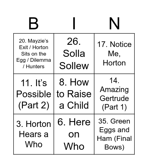 Seussical Bingo Card