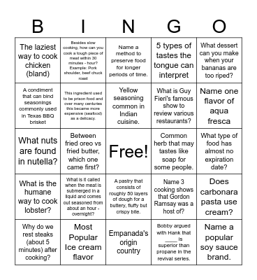Food/Cooking Bingo Card