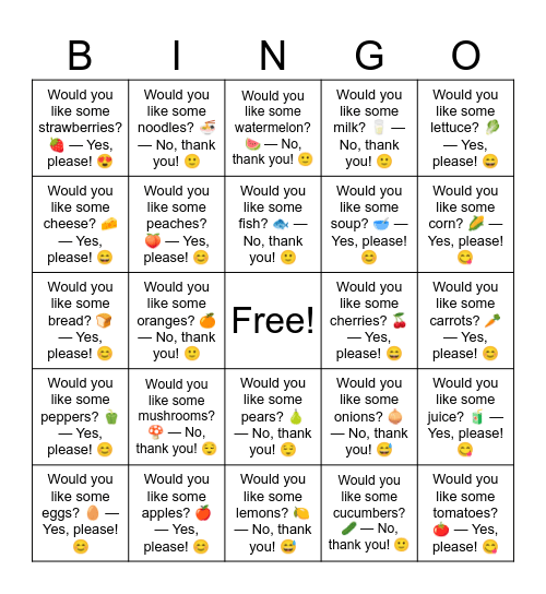 B3 L11 Would you like some eggs? 🥚 — Yes, please! 😊 Bingo Card
