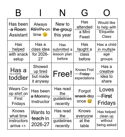ABC Homeschool Co-op Bingo Card