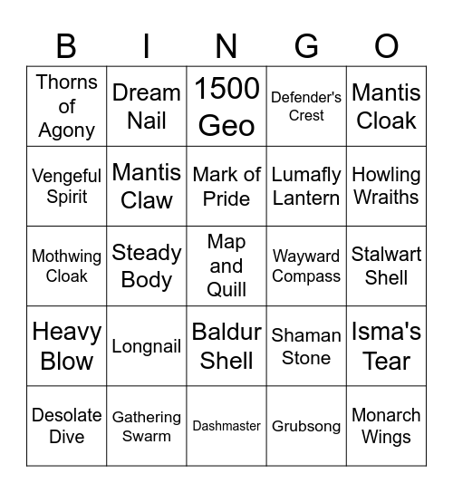 Hollow Knight Bingo Card