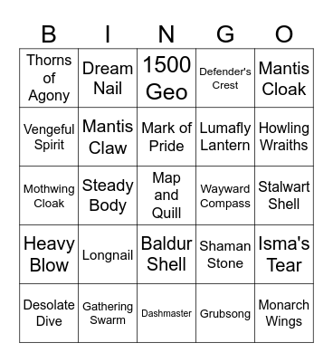 Hollow Knight Bingo Card