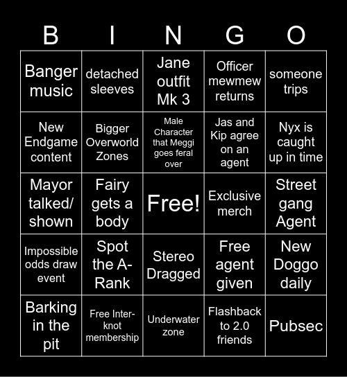 ZZZ 3.0 Bingo Card