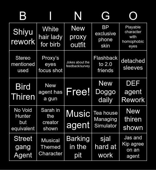 ZZZ 3.0 Bingo Card