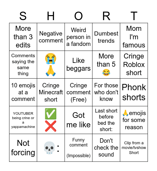 Cringe shorts/comments Bingo Card