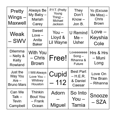 Love Song Bingo Card